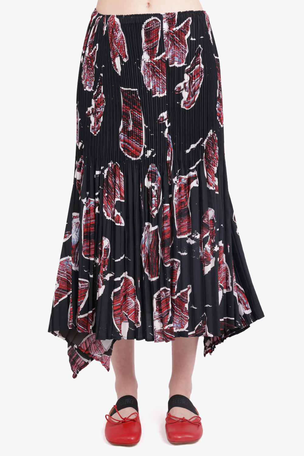 COLVILLE RTW Delphi Abstract Print Pleat Drape Midi Skirt | Black/Red/White