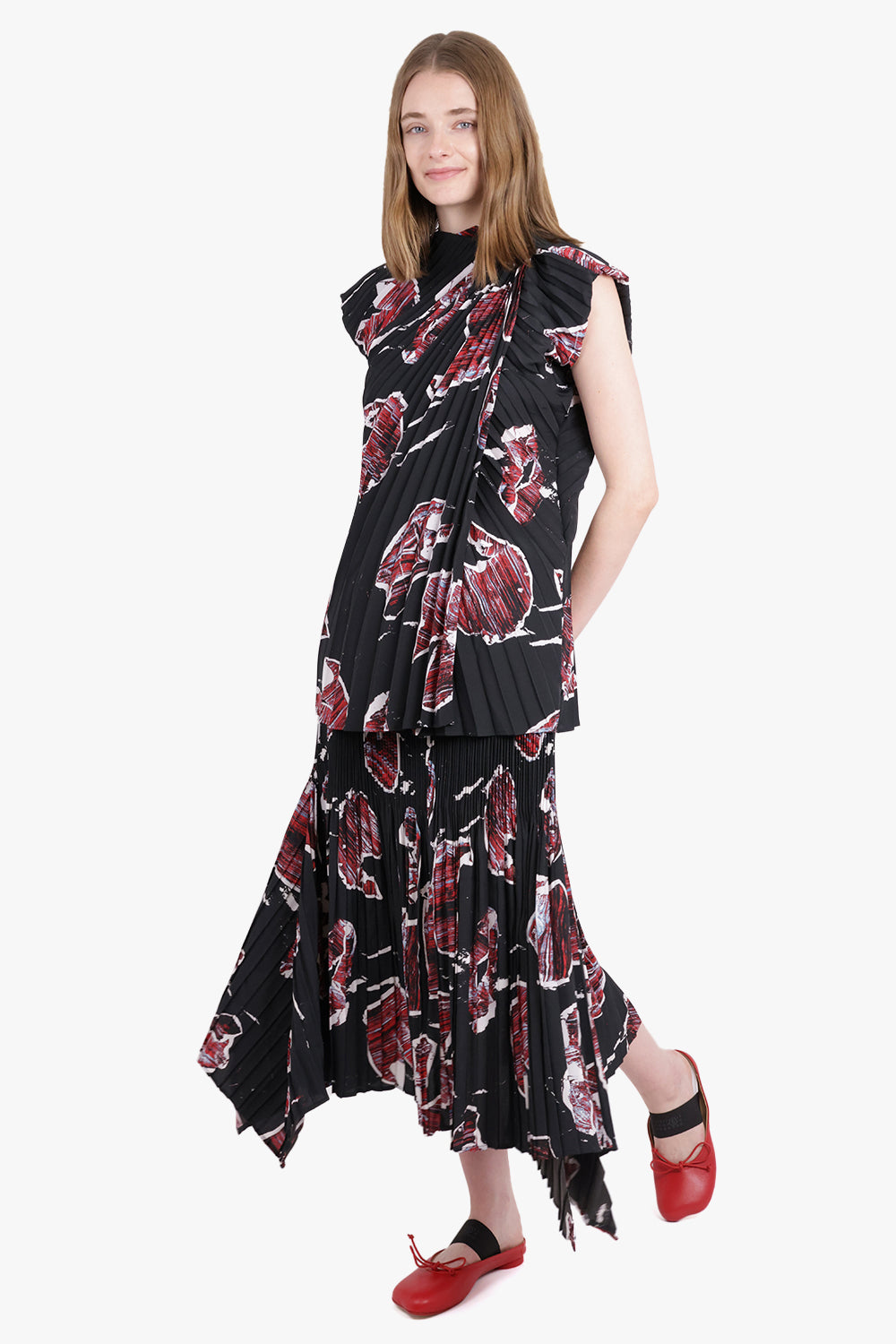 COLVILLE RTW Delphi Abstract Print Pleat Drape Midi Skirt | Black/Red/White