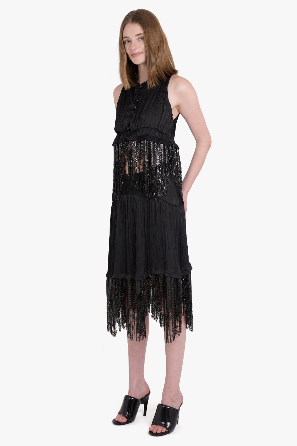 RABANNE RTW BUTTON RUCHED SLEEVELESS FRINGE TOP | BLACK