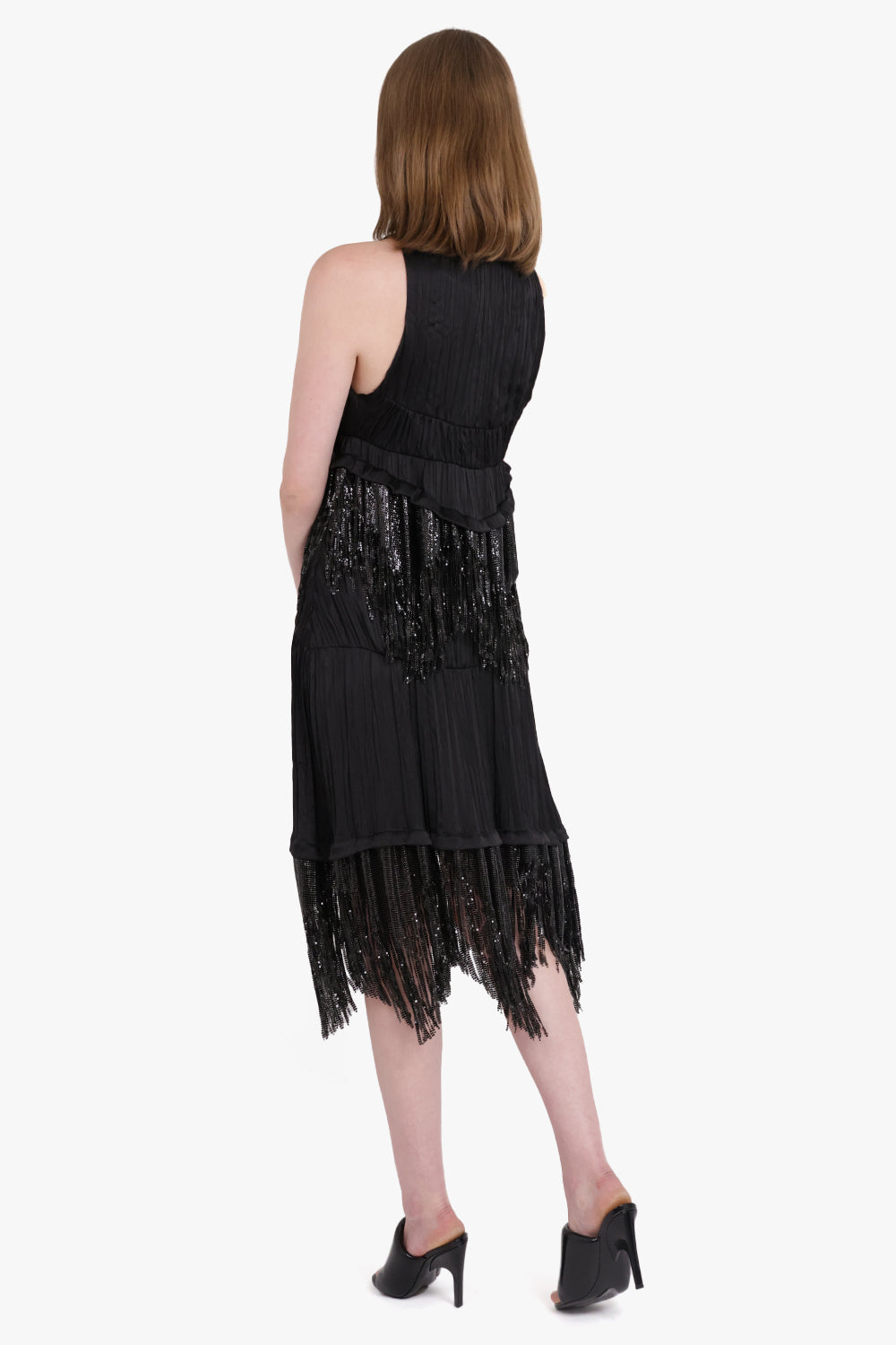 RABANNE RTW BUTTON RUCHED SLEEVELESS FRINGE TOP | BLACK