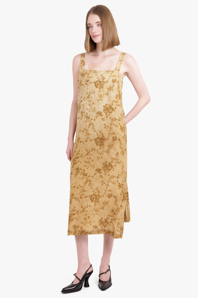 UMA WANG RTW Above Square Neck Sleeveless Floral Print Midi Dress with Long Train | Yellow