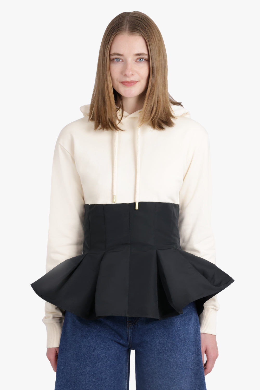 NINA RICCI RTW Hooded L/S Sweatshirt With Peplum Detail | Cream/Black