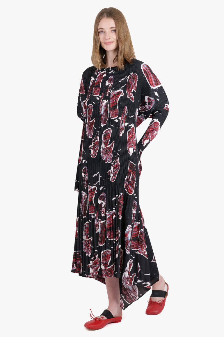 COLVILLE RTW Delphi Abstract Print Pleat L/S Drape Midi Dress | Black/Red/White