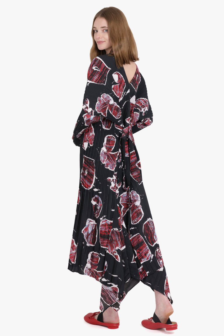 COLVILLE RTW Delphi Abstract Print Pleat L/S Drape Midi Dress | Black/Red/White