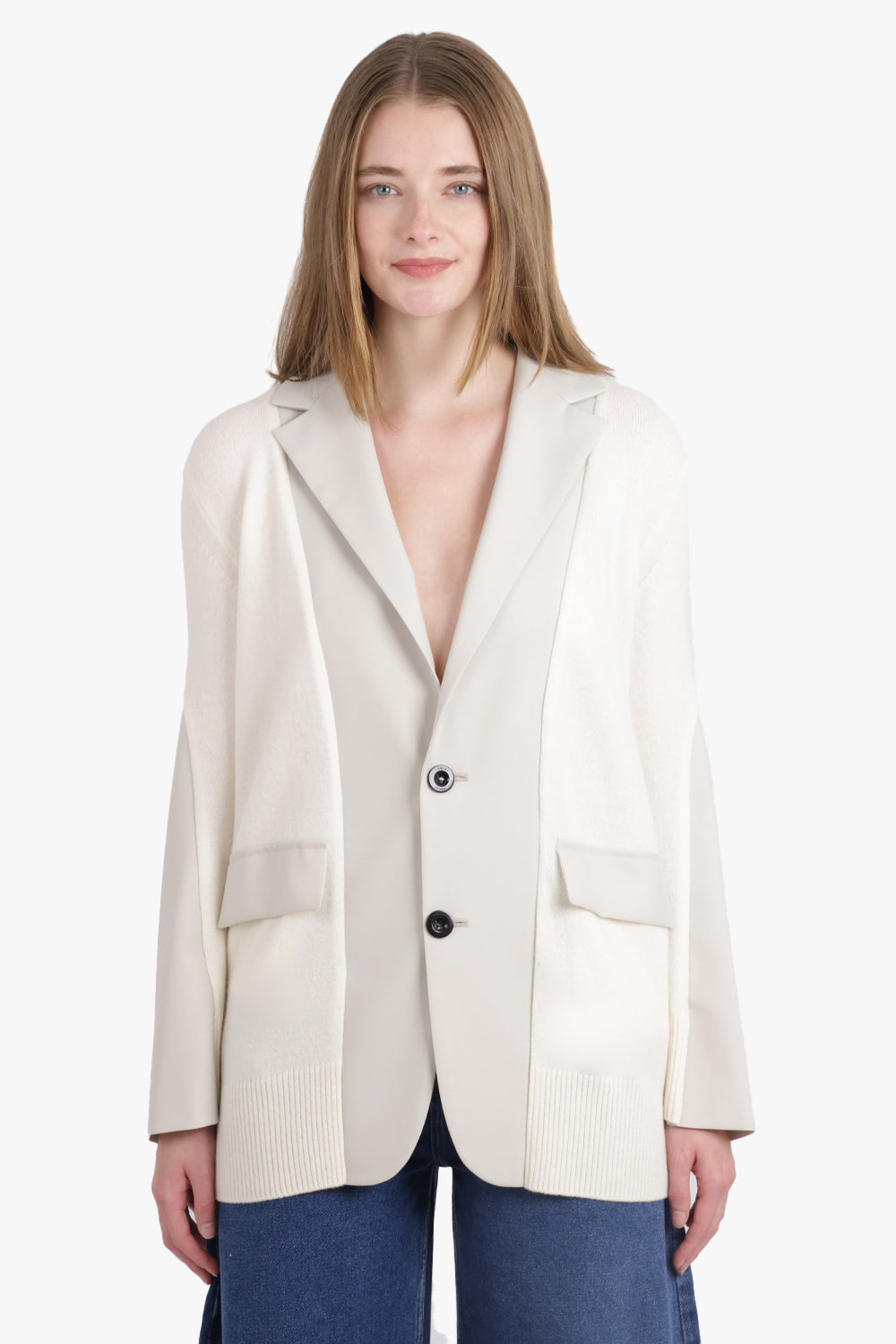 SACAI RTW Cardigan x Suiting Jacket with Balloon Sleeves | Ecru/Off White