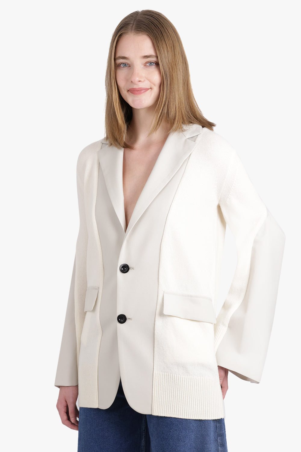 SACAI RTW Cardigan x Suiting Jacket with Balloon Sleeves | Ecru/Off White