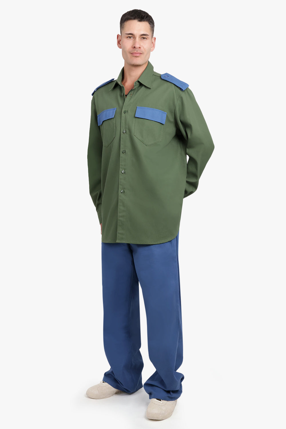 RAF SIMONS RTW BICOLOUR DENIM UNIFORM SHIRT | KHAKI/BLUE