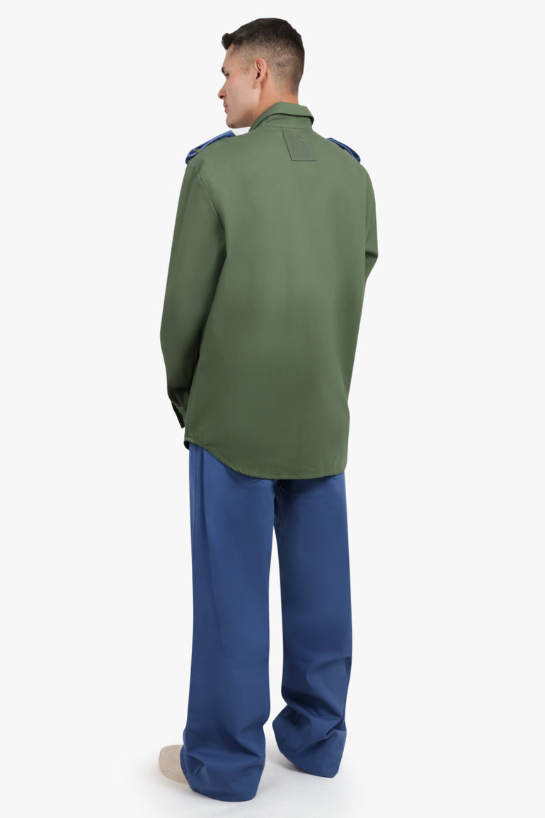 RAF SIMONS RTW BICOLOUR DENIM UNIFORM SHIRT | KHAKI/BLUE