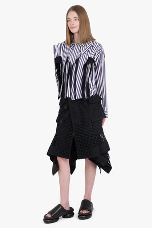 SACAI RTW Cropped L/S Attached Panel Print Shirt | Navy/White