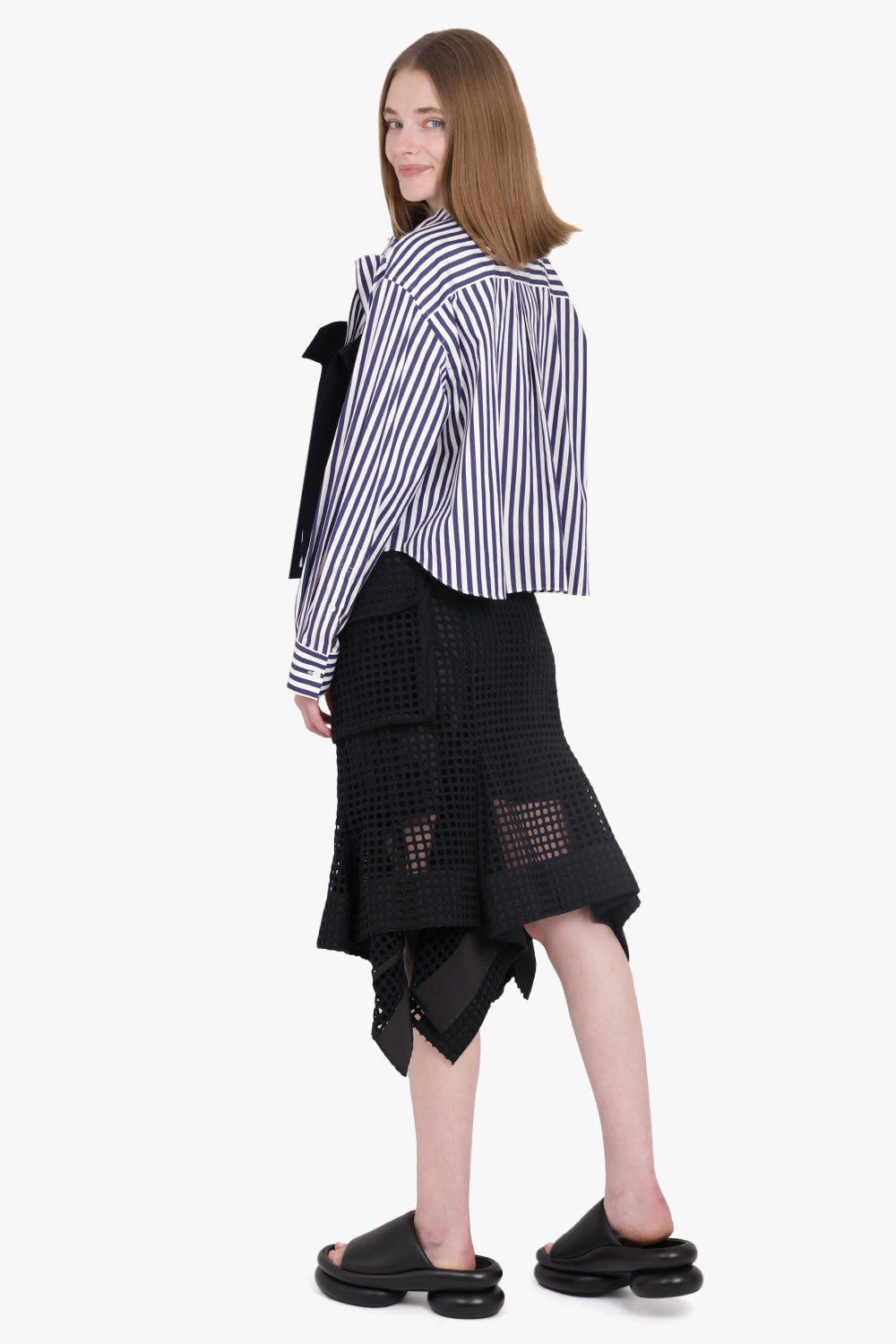 SACAI RTW Cropped L/S Attached Panel Print Shirt | Navy/White