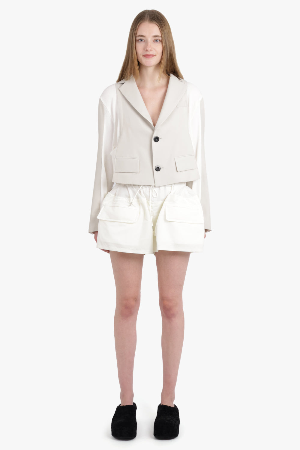 SACAI RTW Suiting Contrast Panel Jacket | White/Ecru