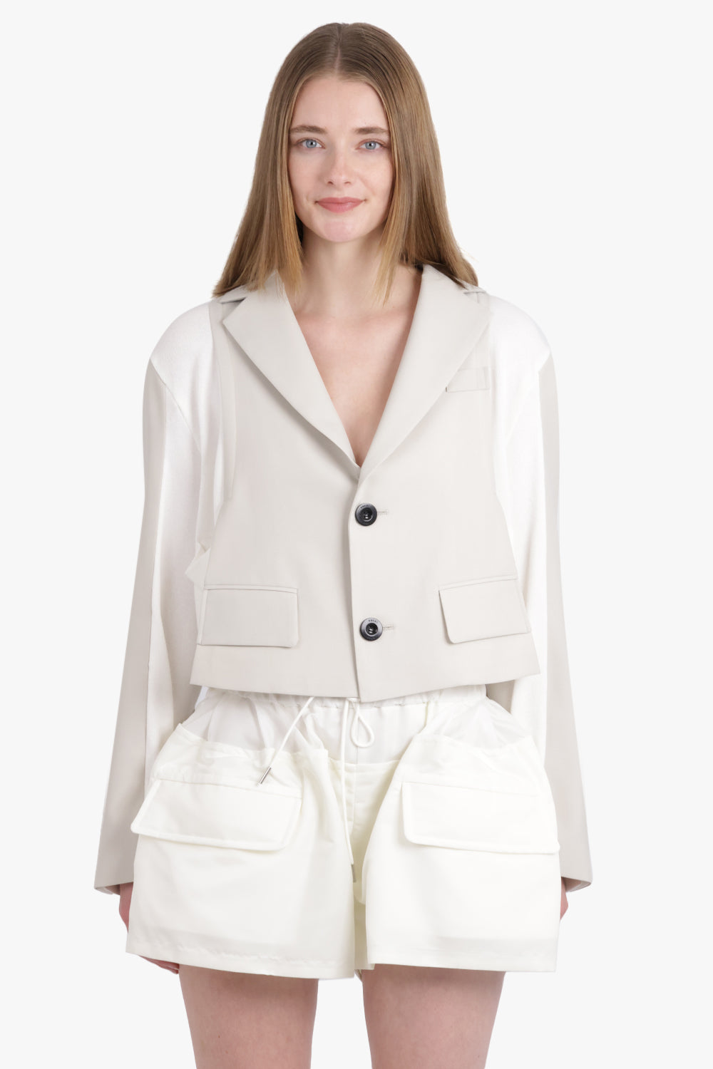 SACAI RTW Suiting Contrast Panel Jacket | White/Ecru