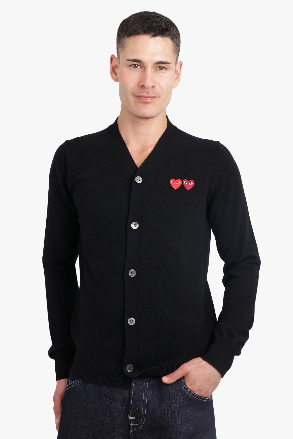 COMME DES GARCONS PLAY RTW PLAY MENS V-NECK DOUBLE HEART CARDIGAN | BLACK/RED HEARTS