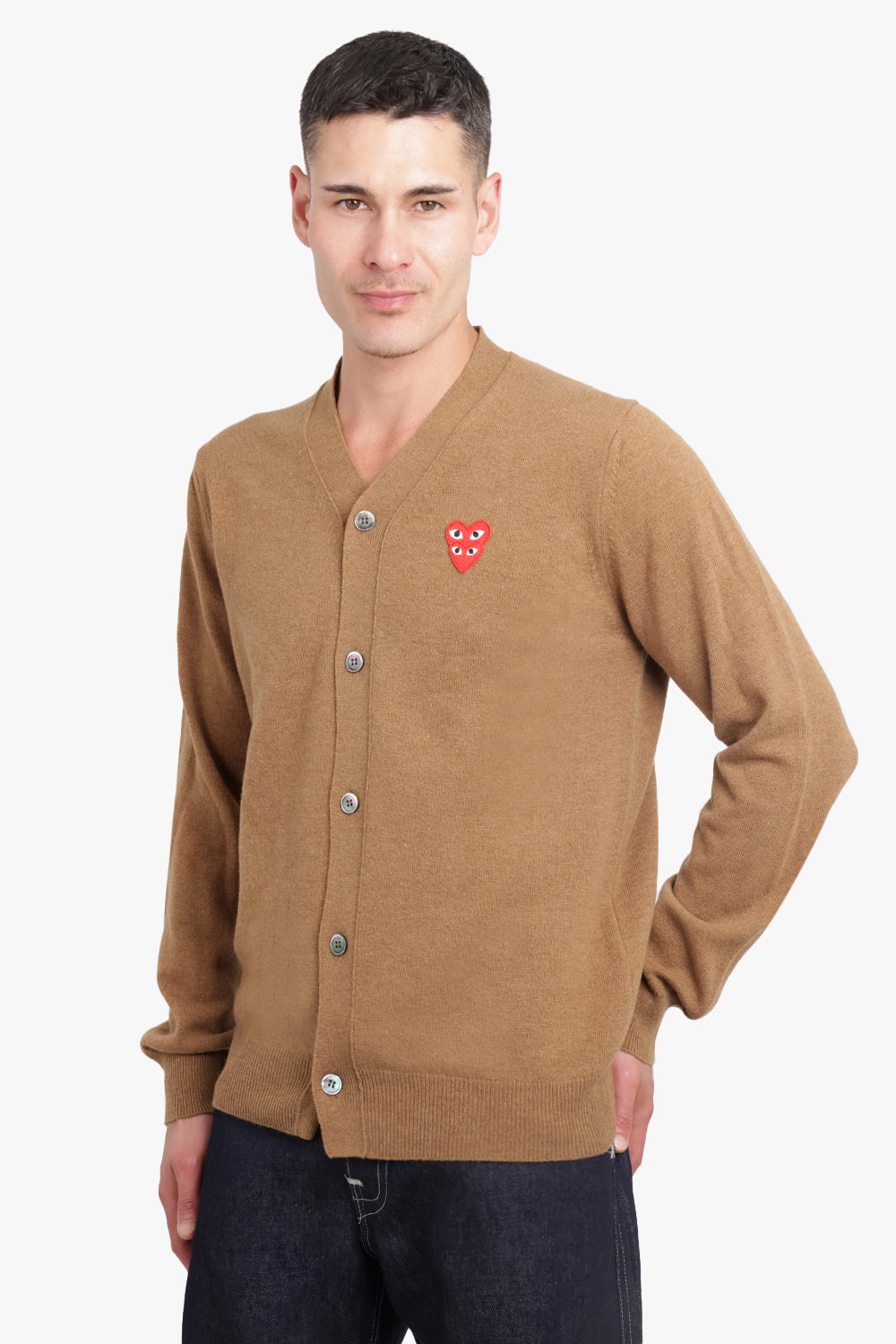 COMME DES GARCONS PLAY RTW PLAY MENS V-NECK DOUBLE HEART CARDIGAN  | BROWN/RED HEARTS