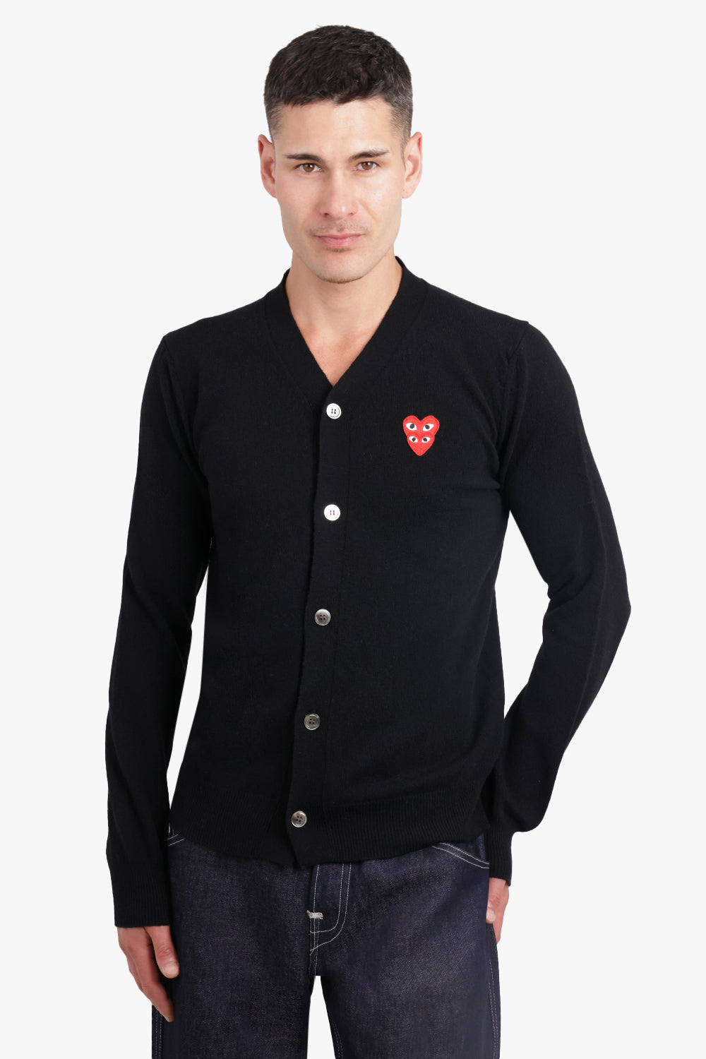 COMME DES GARCONS PLAY RTW PLAY MENS V-NECK DOUBLE HEART CARDIGAN | BLACK/RED HEART