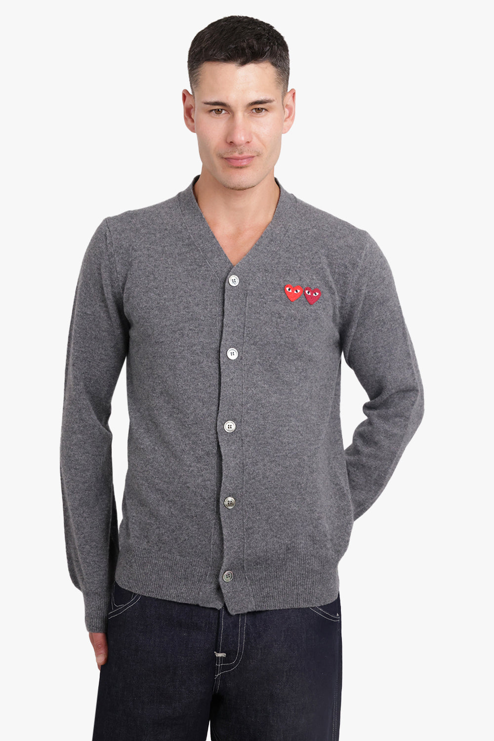 COMME DES GARCONS PLAY RTW PLAY MENS V-NECK DOUBLE HEART CARDIGAN | GREY/RED HEARTS