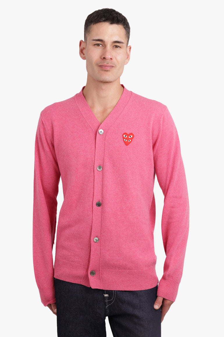 COMME DES GARCONS PLAY RTW PLAY MENS V-NECK DOUBLE HEART CARDIGAN | PINK/RED HEART