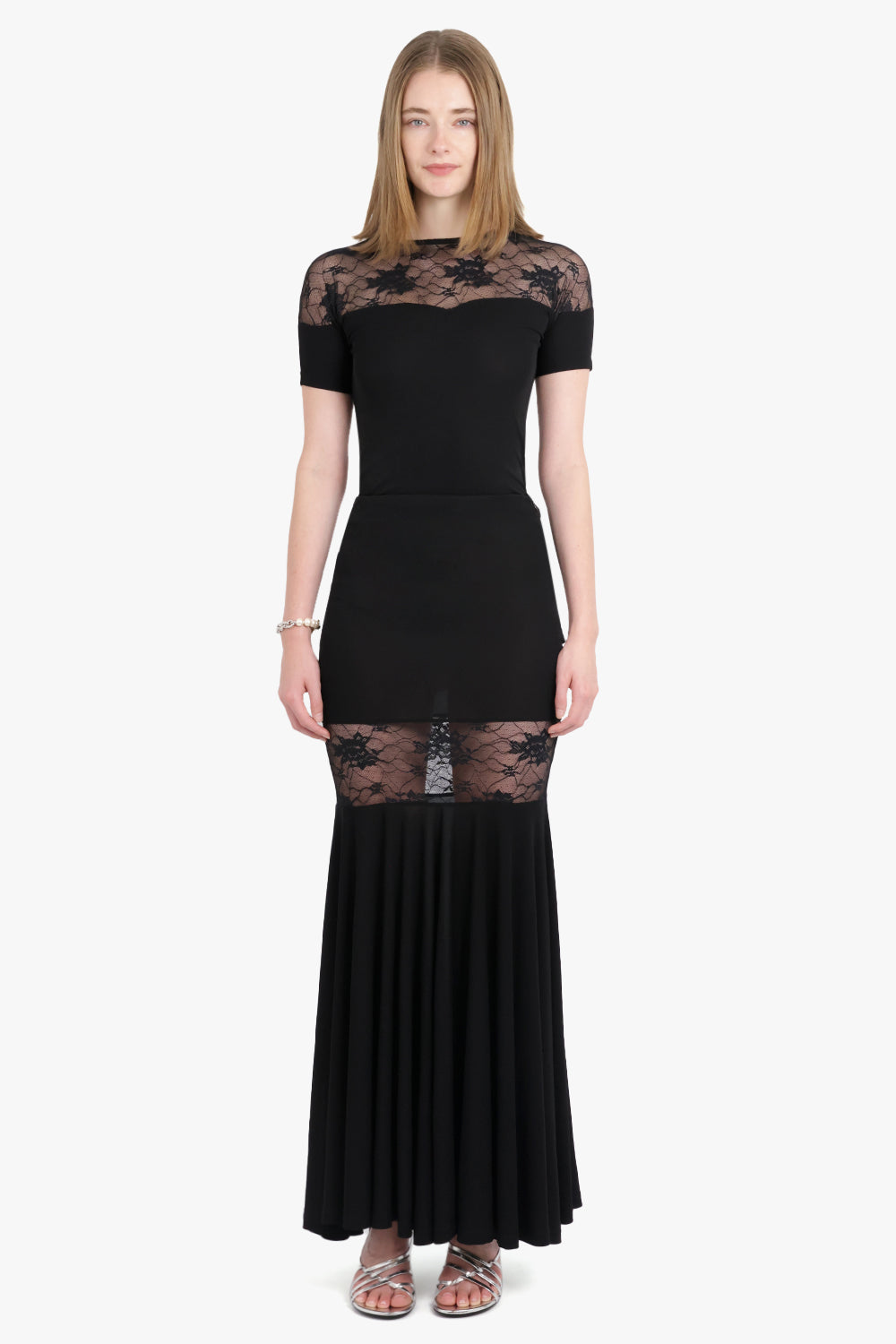 NINA RICCI RTW Fluid Mermaid Maxi Skirt With Lace Panel | Black