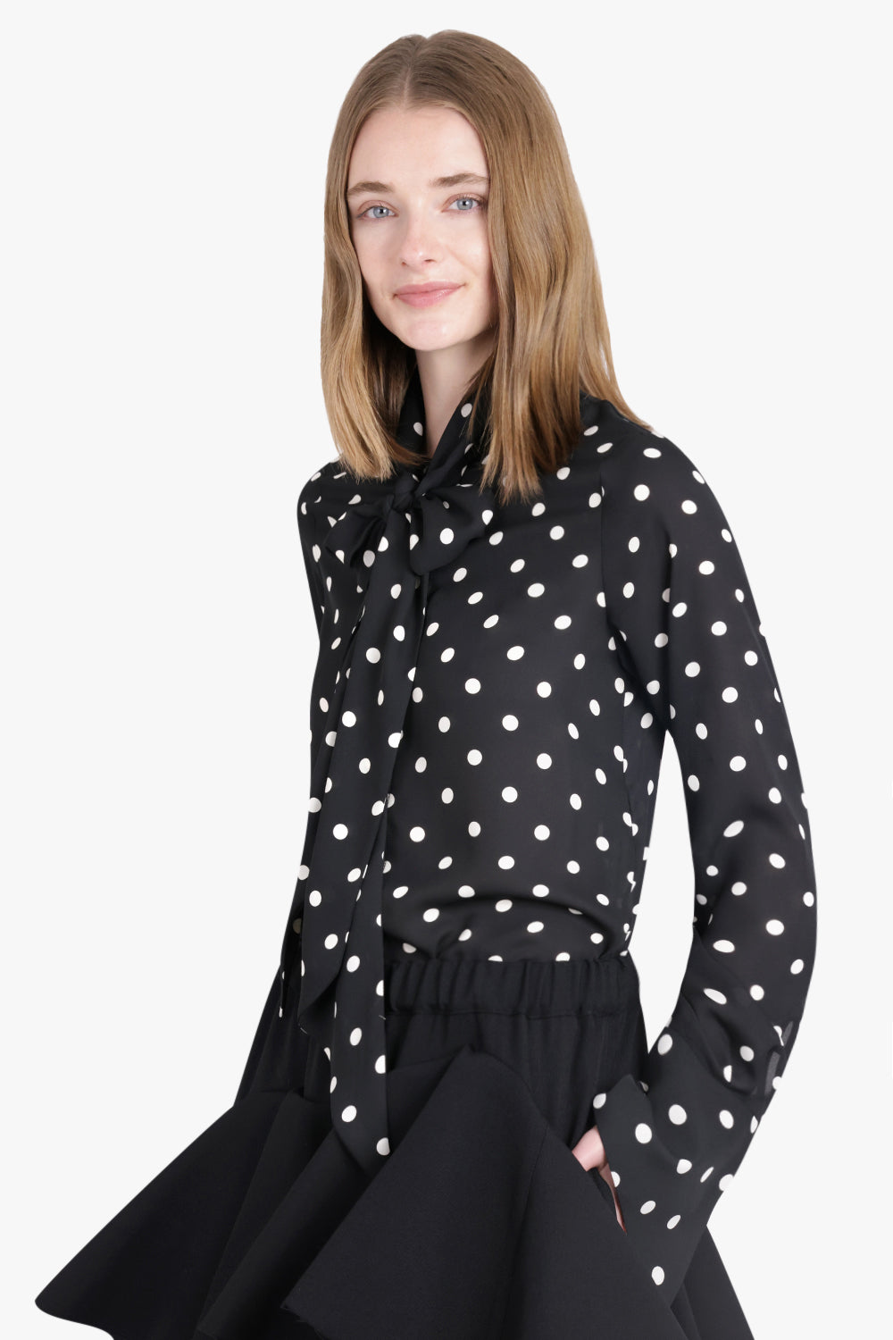 NINA RICCI RTW Polka Dot Print L/S Tie Neck Blouse | Black/White