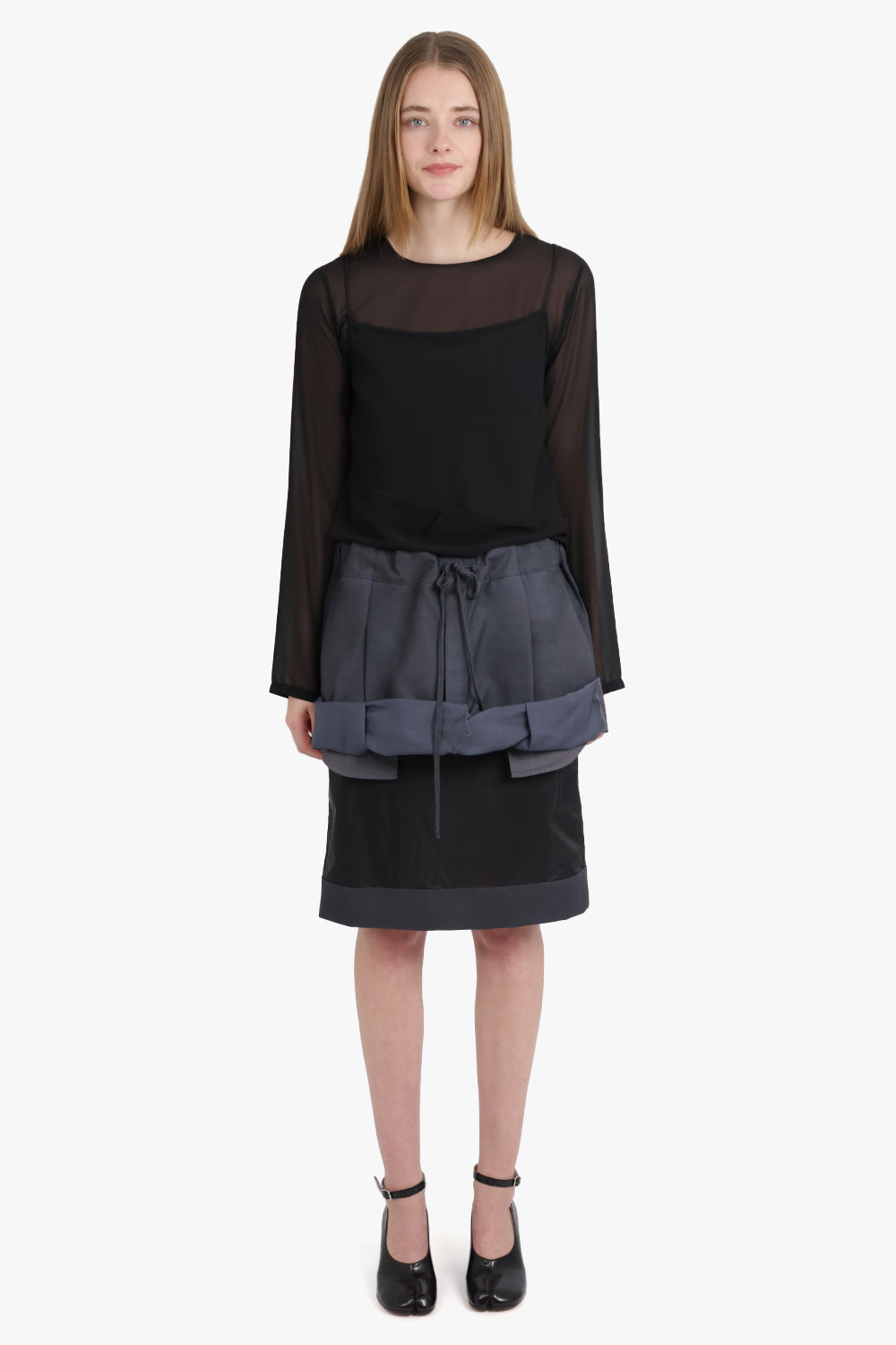 MAISON MARGIELA RTW Layered Ruched Suiting X Lining Midi Sheer Skirt | Dark Grey/Black