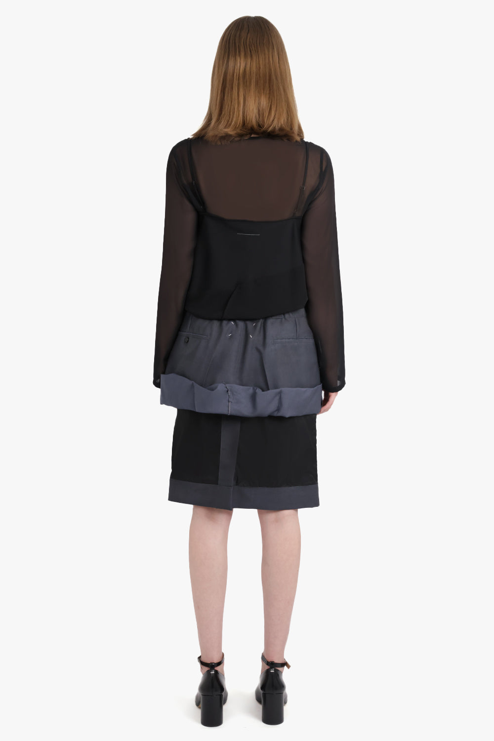 MAISON MARGIELA RTW Layered Ruched Suiting X Lining Midi Sheer Skirt | Dark Grey/Black