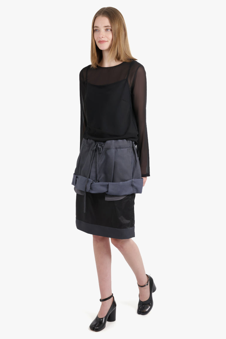 MAISON MARGIELA RTW Layered Ruched Suiting X Lining Midi Sheer Skirt | Dark Grey/Black