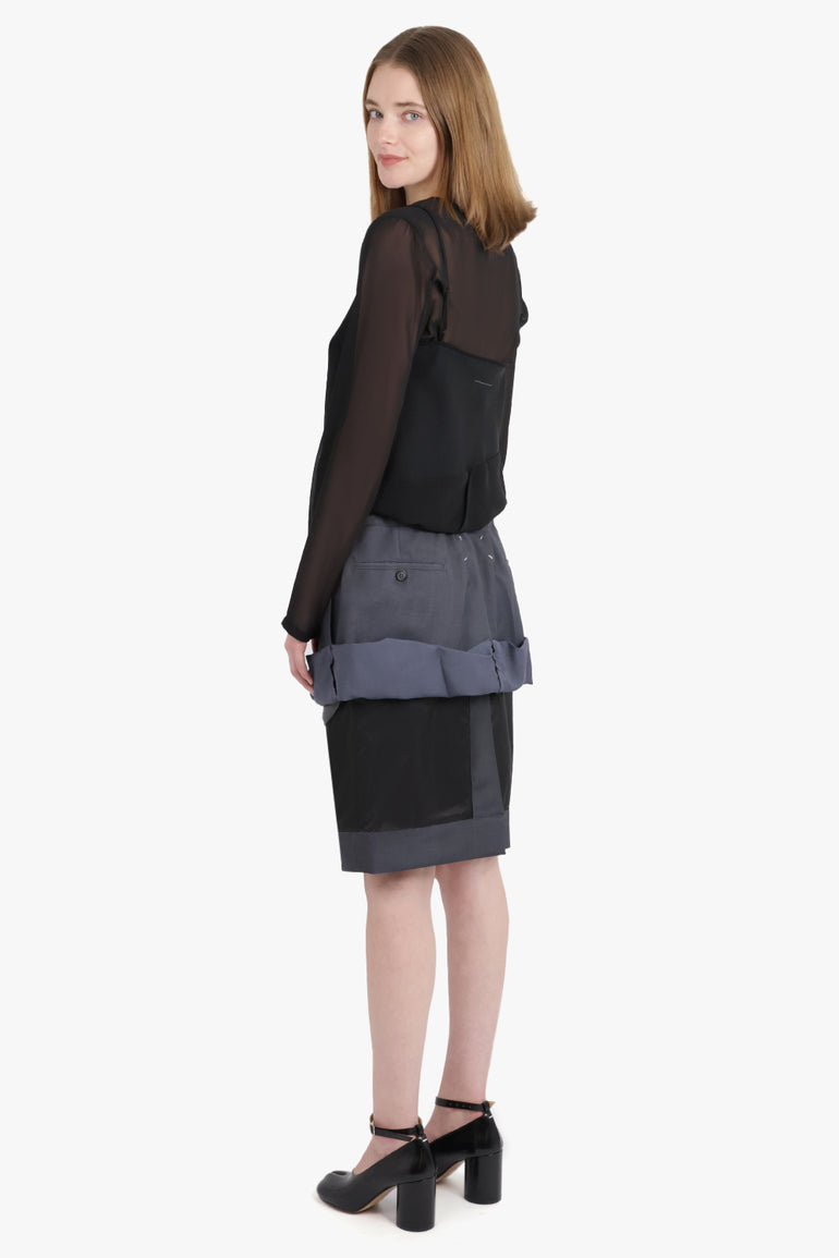 MAISON MARGIELA RTW Layered Ruched Suiting X Lining Midi Sheer Skirt | Dark Grey/Black