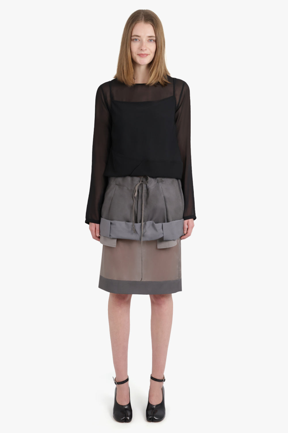 MAISON MARGIELA RTW Layered Ruched Suiting X Lining Midi Sheer Skirt | Dark Taupe/Mud