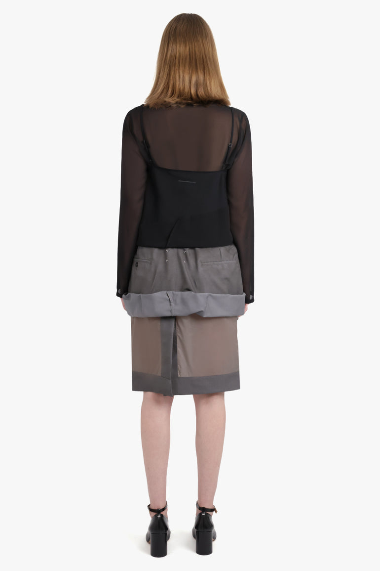 MAISON MARGIELA RTW Layered Ruched Suiting X Lining Midi Sheer Skirt | Dark Taupe/Mud