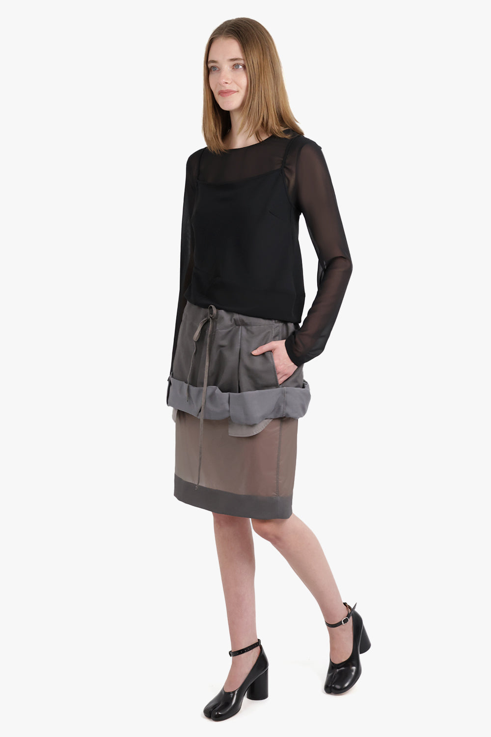 MAISON MARGIELA RTW Layered Ruched Suiting X Lining Midi Sheer Skirt | Dark Taupe/Mud