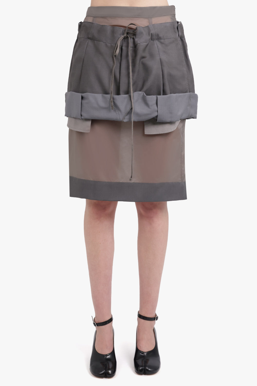 MAISON MARGIELA RTW Layered Ruched Suiting X Lining Midi Sheer Skirt | Dark Taupe/Mud