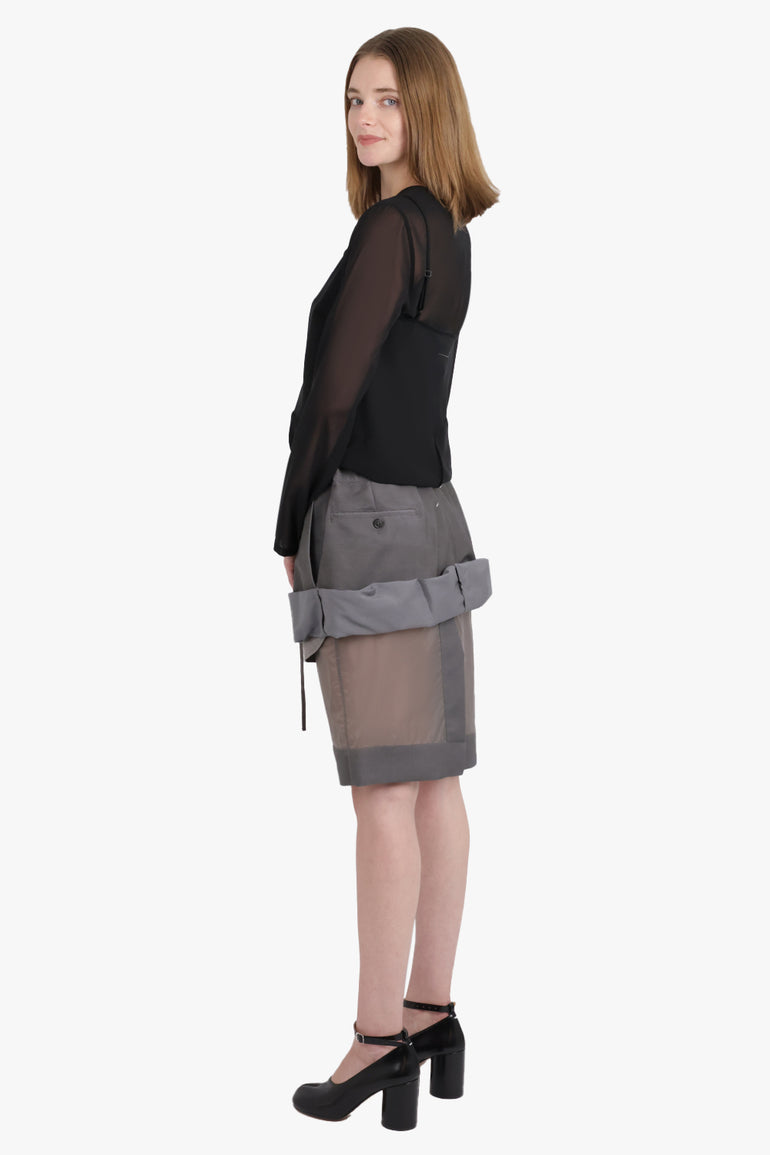 MAISON MARGIELA RTW Layered Ruched Suiting X Lining Midi Sheer Skirt | Dark Taupe/Mud