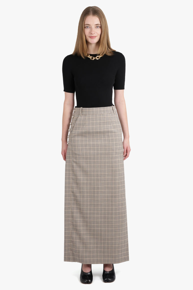 RABANNE RTW Check Print Straight Maxi Skirt | Beige