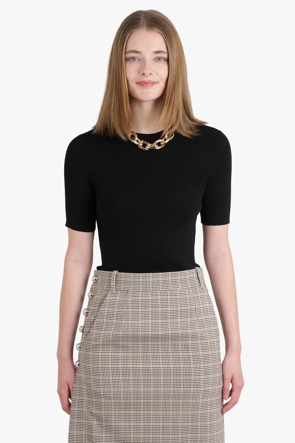 RABANNE RTW Chain Detail Crew Neck Top | Black/Gold