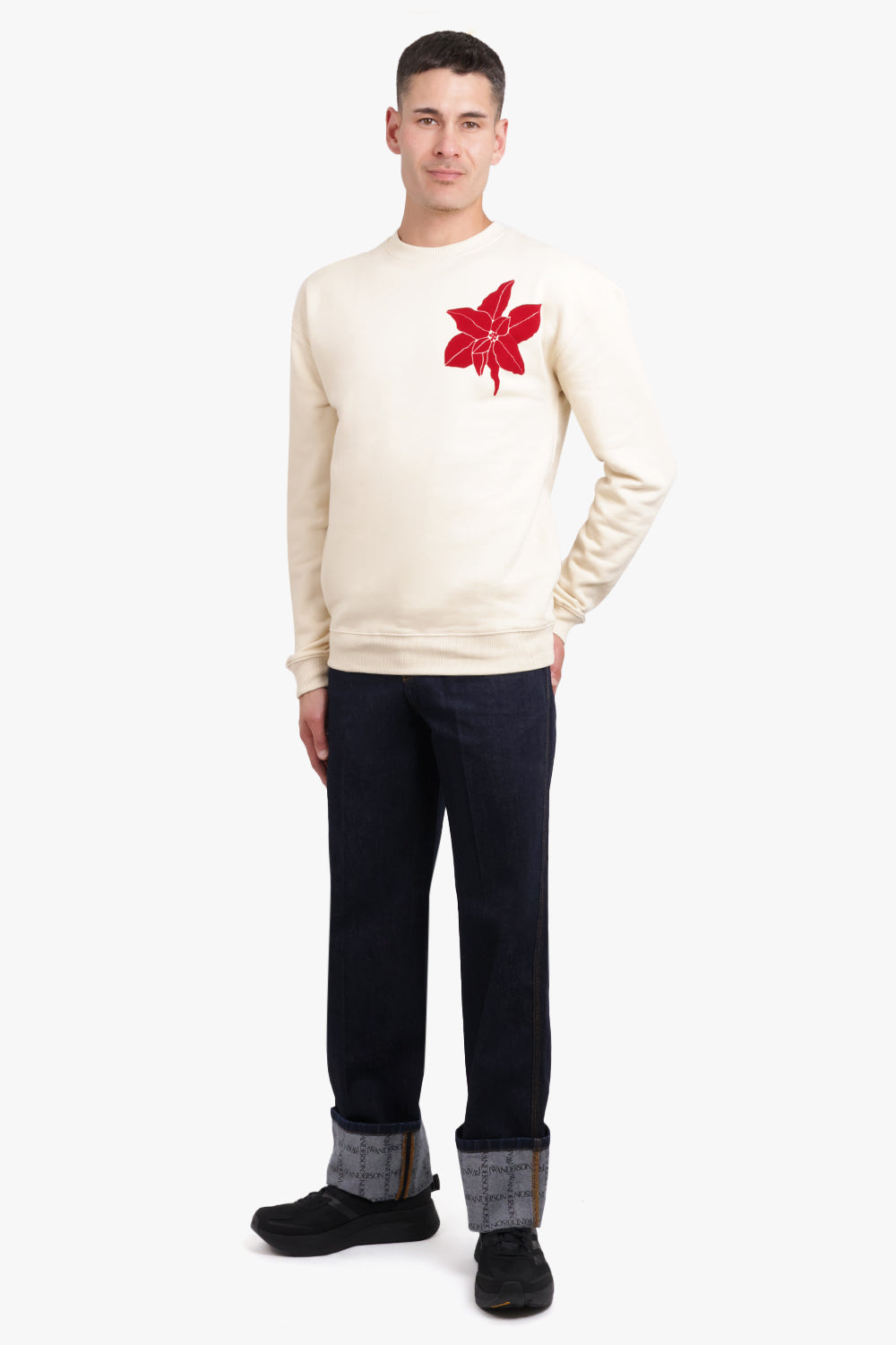 JW ANDERSON RTW Flocked Floral Motif L/S Sweathsirt | Cream/Red