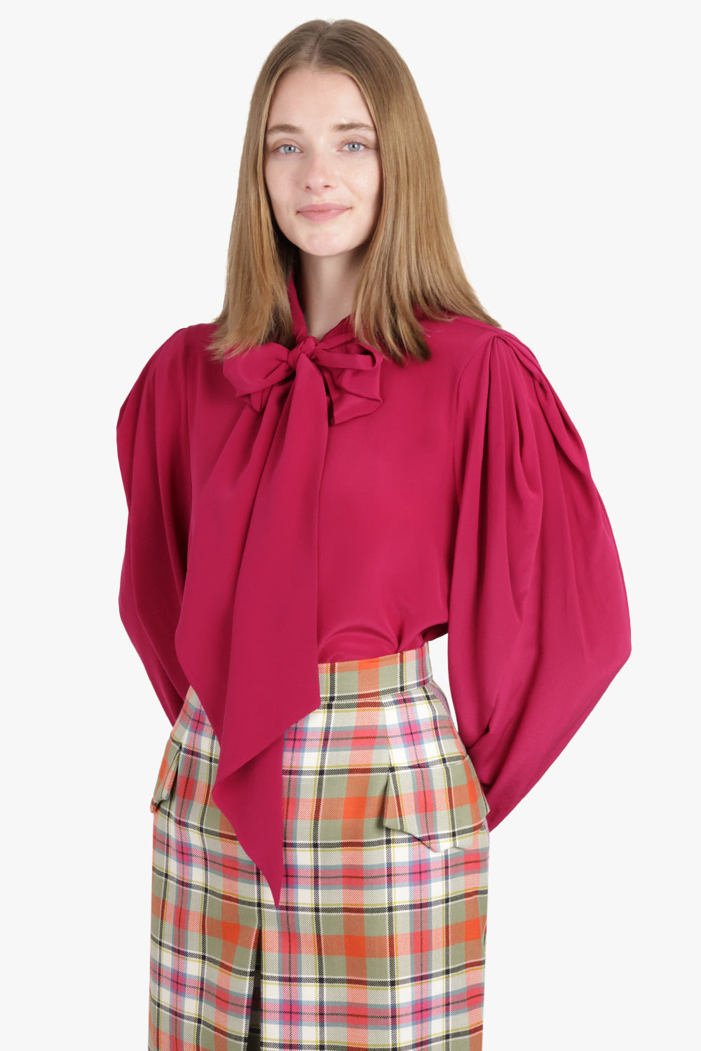 NINA RICCI RTW Gathered L/S Sleeve Tie Neck Blouse | Burnt Fuchsia