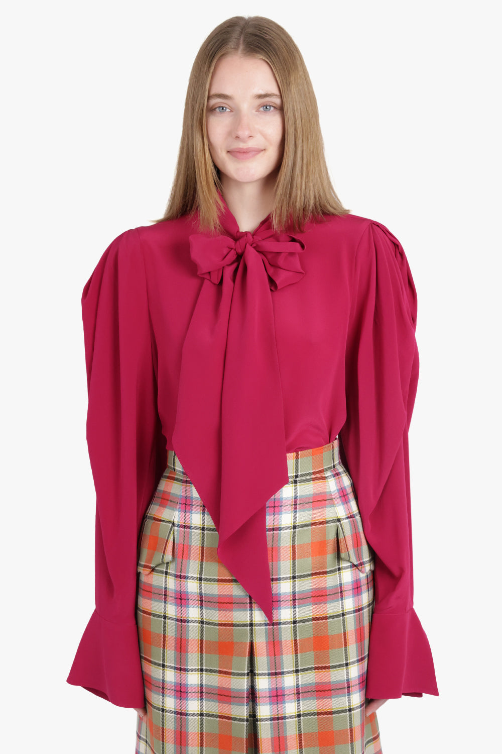 NINA RICCI RTW Gathered L/S Sleeve Tie Neck Blouse | Burnt Fuchsia