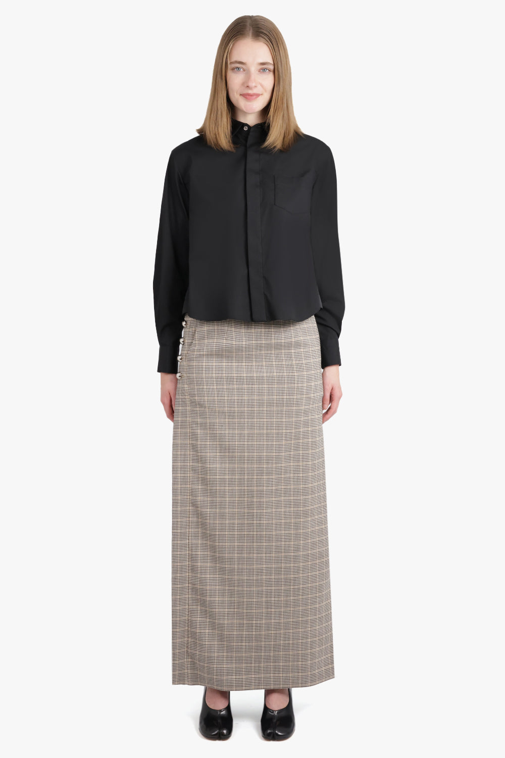 RABANNE RTW Check Print Straight Maxi Skirt | Beige