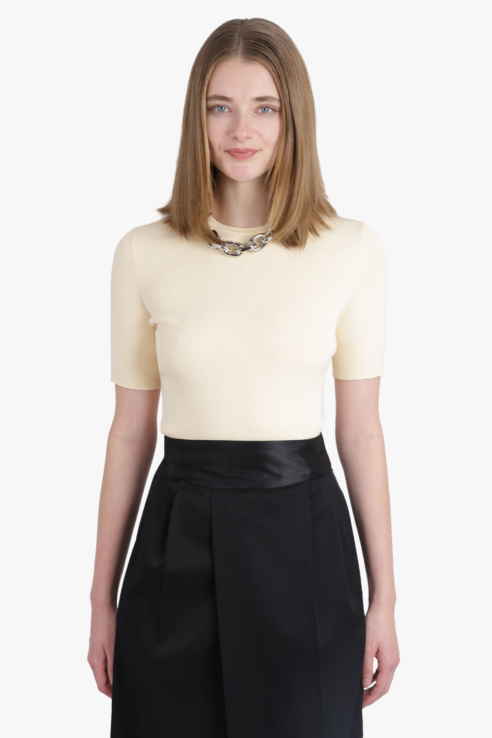 RABANNE RTW Chain Detail Crew Neck Top | Cream/Silver