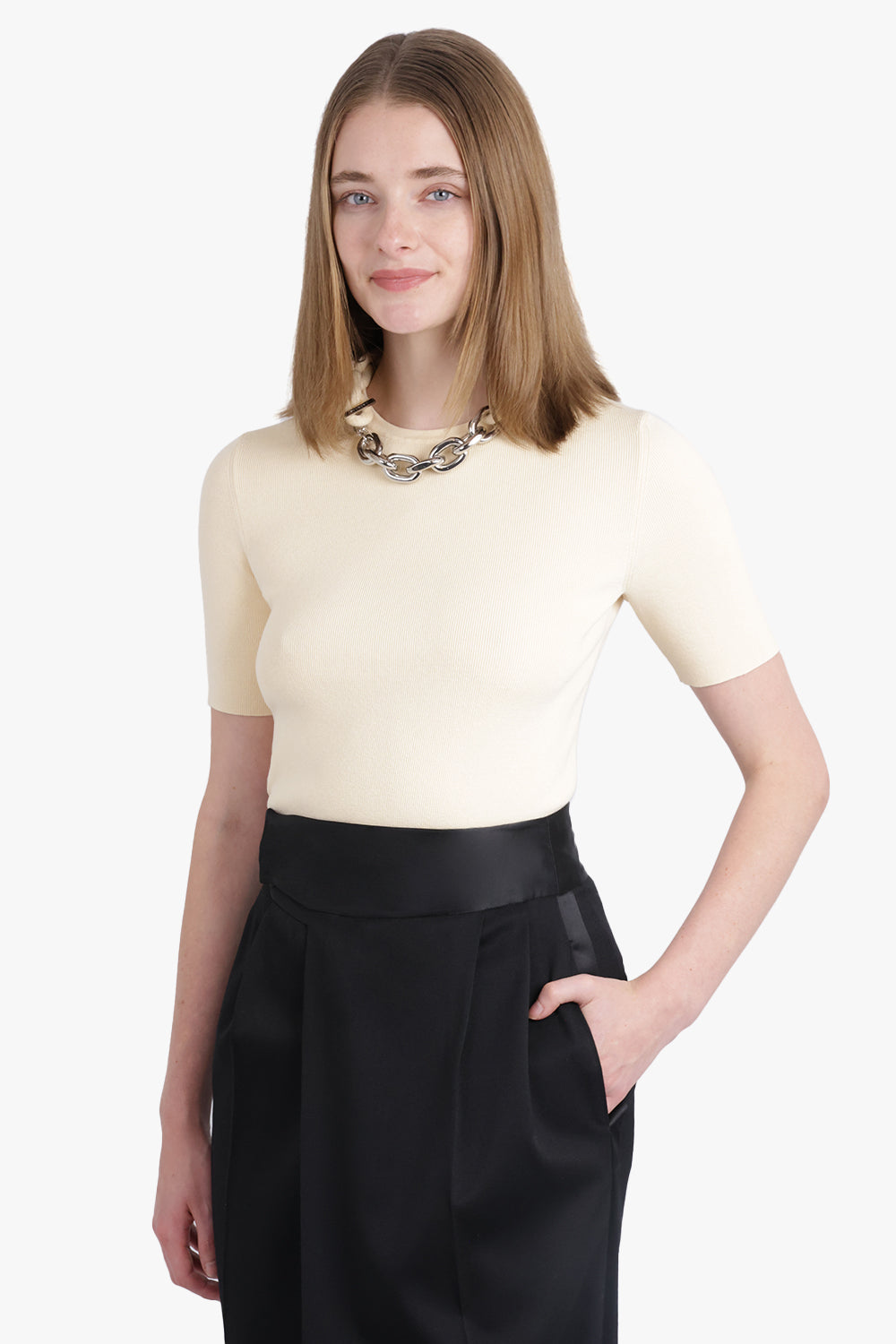 RABANNE RTW Chain Detail Crew Neck Top | Cream/Silver