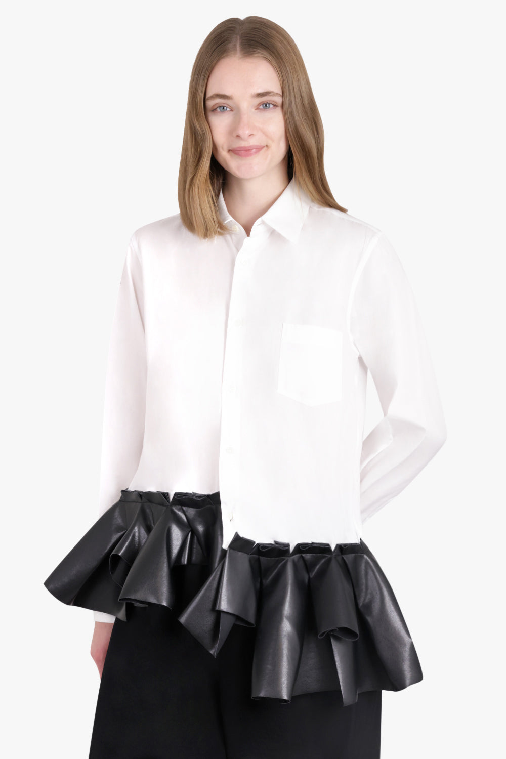 COMME DES GARCONS RTW Asymmetric L/S Shirt with Contrast Ruffle Detail | White/Black