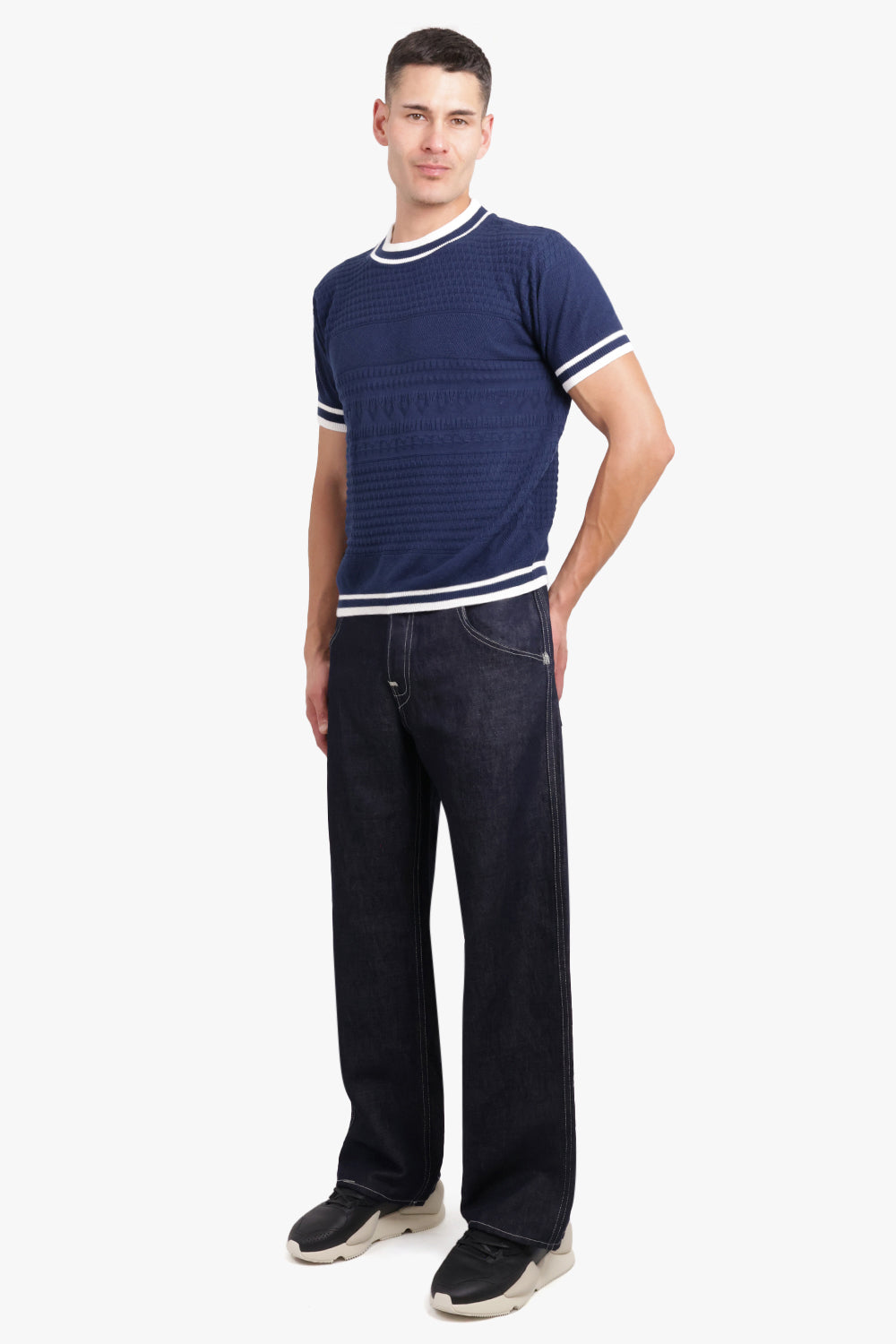 AFTER PRAY RTW JACQUARD STRIPE RIP CREWNECK HALF KNIT | NAVY