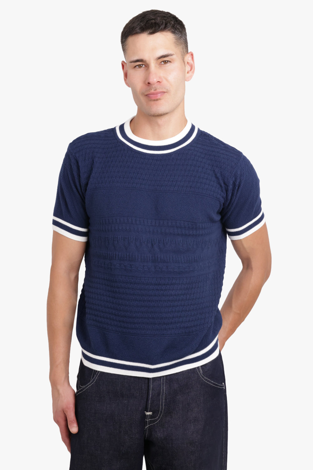 AFTER PRAY RTW JACQUARD STRIPE RIP CREWNECK HALF KNIT | NAVY