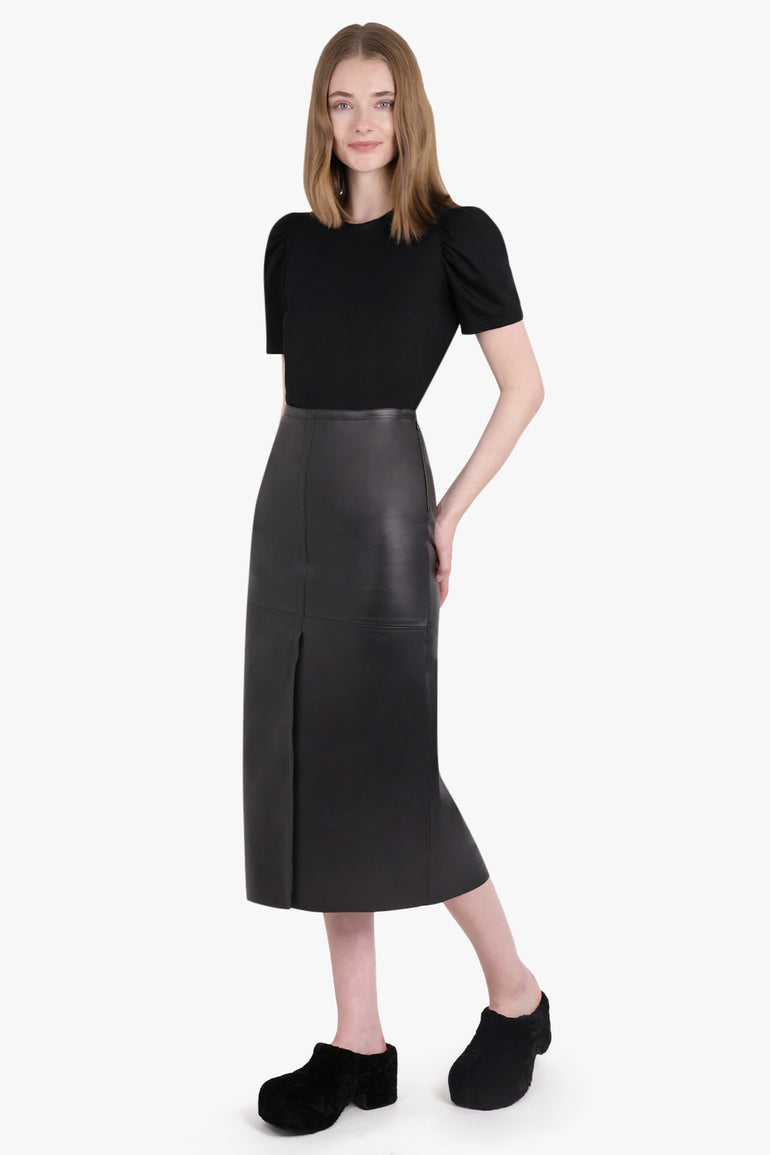 MM6 BY MAISON MARGIELA RTW LEATHER FRONT SLIT MIDI SKIRT | BLACK