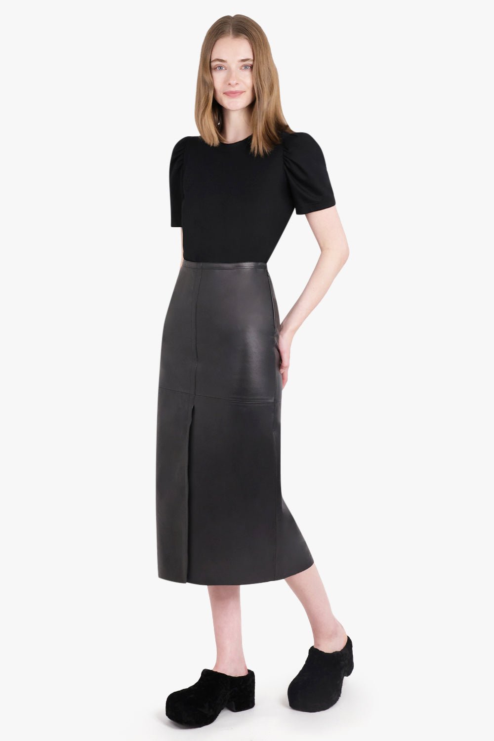 MM6 BY MAISON MARGIELA RTW LEATHER FRONT SLIT MIDI SKIRT | BLACK