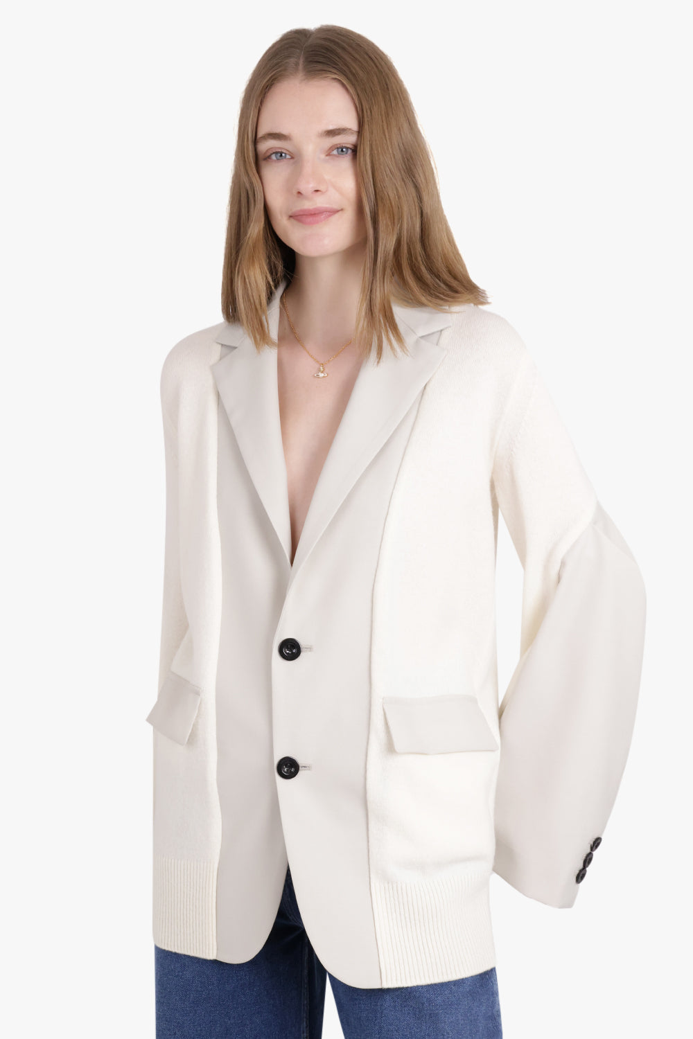 SACAI RTW Cardigan x Suiting Jacket with Balloon Sleeves | Ecru/Off White