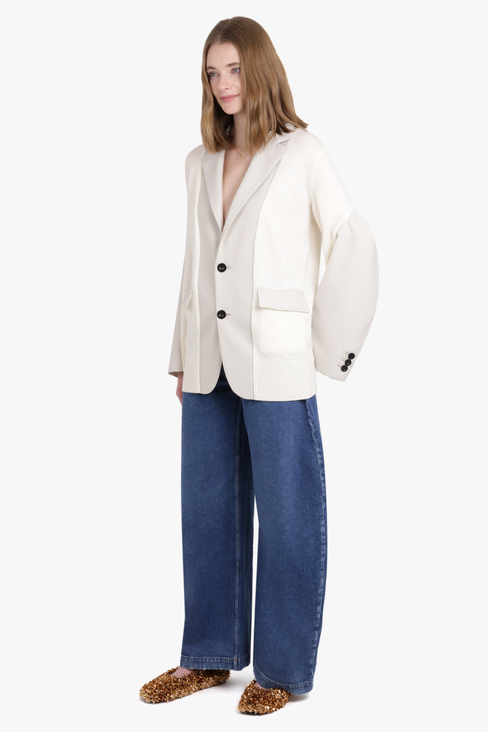 SACAI RTW Cardigan x Suiting Jacket with Balloon Sleeves | Ecru/Off White