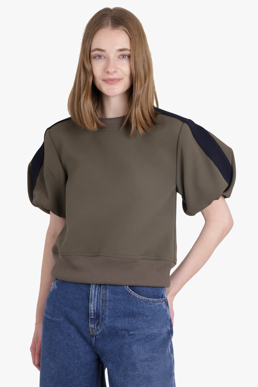 SACAI RTW Balloon S/S Pull over Top | Khaki/Navy