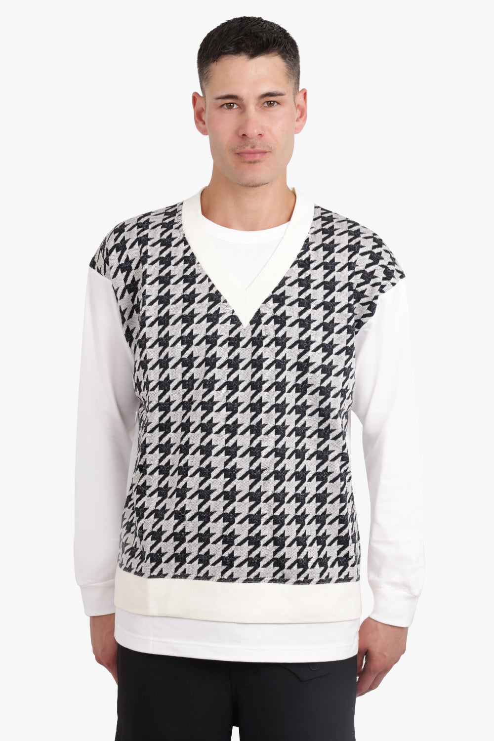 COMME DES GARCONS HOMME RTW Layered L/S T-Shirt/Houndstooth Knit | White/Black