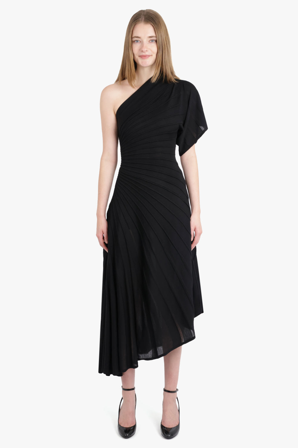 ALAIA RTW Asymmetric One Shoulder Midi Ray Dress | Black